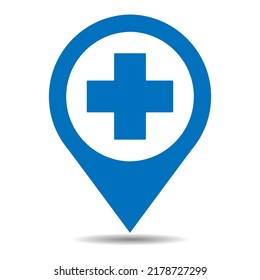 Illustration of medical facility pointer icon with shadow on white background