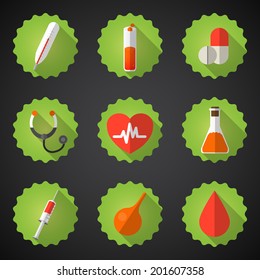 Illustration of Medical Flat Vector Icon Set. Include heart, blood drop, flask, thermometer, stethoscope.