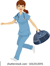 Illustration of a Medical Girl Nurse or Doctor Wearing Scrub Suit and Stethoscope Running