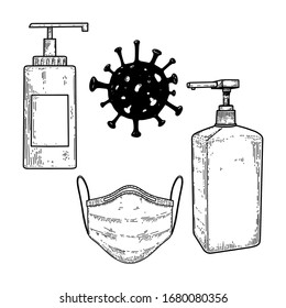 Illustration of medical mask, bottles of disinfection liquid, bacteria of coronavirus covid-19. Vector design elements