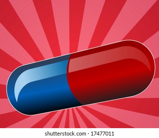 Illustration of medical pill, medicine capsule in blue and red