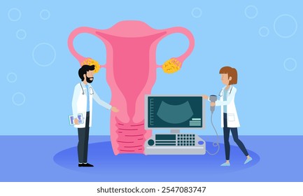 Ilustração de profissionais médicos examinando o sistema reprodutor feminino com ultrassom, simbolizando a saúde ginecológica, fertilidade e diagnóstico.