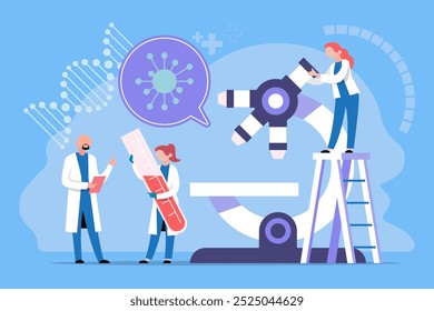 Ilustración de investigadores médicos con un microscopio y tubos de ensayo que estudian una estructura vírica para el desarrollo de vacunas.