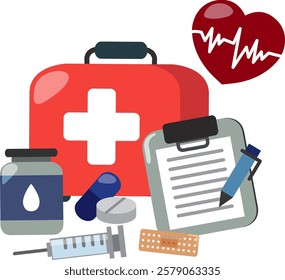 Illustration of medical supplies and healthcare symbols