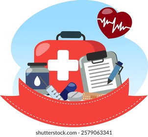 Illustration of medical supplies and healthcare symbols