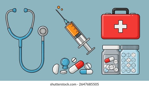 Ilustração de suprimentos médicos, incluindo um estetoscópio, seringa com líquido laranja, kit de primeiros socorros e dois frascos de comprimidos com várias pílulas.