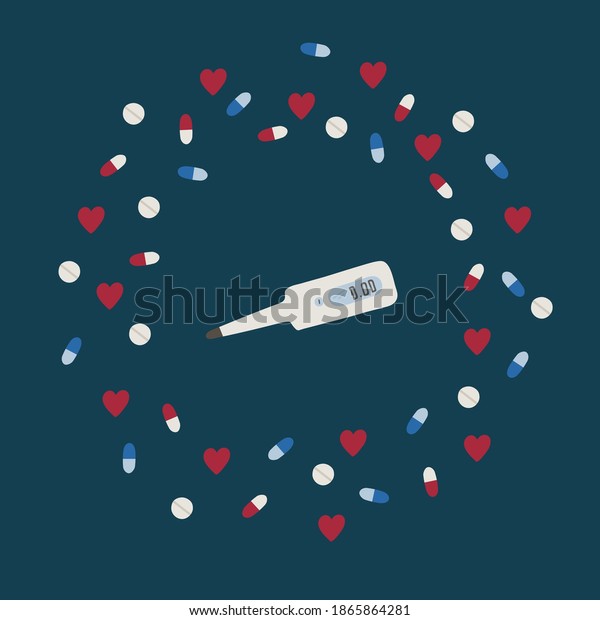 Illustration of a medical thermometer. Cartoon medical\
items in a circle of hearts and pills. Drawn in the flat style for\
medical care and healthcare. Vector clipart background for medical\
clothing in
