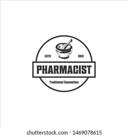 illustration medical vintage Pharmacy logo mortar bowl logo herbal essentials drug medicine design health hospital traditional vector graphic icon classic food blender symbol retro recipe pestle spa