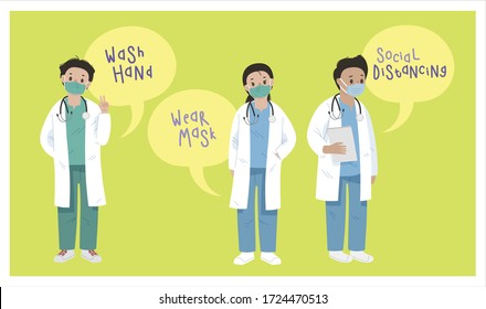 illustration of medical worker and doctor in lab coat giving instruction for corona virus or COVID-19. Doctor giving people hopes, taking care, stay safe, stay home and get well early soon.