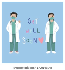 Illustration Of Medical Worker And Doctor In PPE Suit Or Lab Coat. Fighting Against Corona Virus Or COVID-19. Giving People Hopes Taking Care Stay Safe Stay Home And Get Well Early Soon.