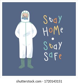 Illustration Of Medical Worker And Doctor In PPE Suit Or Lab Coat. Fighting Against Corona Virus Or COVID-19. Giving People Hopes Taking Care Stay Safe Stay Home And Get Well Early Soon.