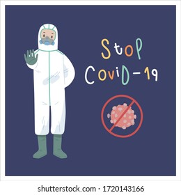 Illustration Of Medical Worker And Doctor In PPE Suit Or Lab Coat. Fighting Against Corona Virus Or COVID-19. Giving People Hopes Taking Care Stay Safe Stay Home And Get Well Early Soon.