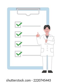 Ilustración de un trabajador médico explicando con una lista de verificación