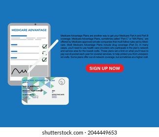 An illustration of Medicare advantage concept. Tablet, pen and medical card with medicare definition and sign up now button. 