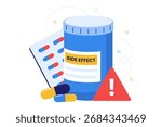 Illustration of Medication Side Effects and Drug Warning. Pill Bottle with a Caution Sign for Adverse Reactions and Health Risks