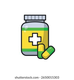 Illustration of medicine bottle and capsules suitable for healthcare, pharmacy, medical websites, or health promotion.