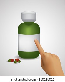 Illustration of medicine bottle with hand pointing to prescription