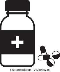 illustration of a medicine bottle icon and medicine pills outside the bottle. vitamin pills, health medicine