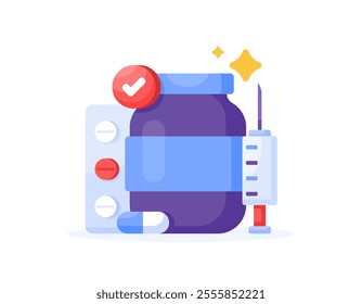 illustration of a medicine bottle or jar with tablet, capsule or pill medication. medical supplies. injection or syringe. vaccine, painkiller, vitamin or supplement. pharmacy. symbols and icons. flat 