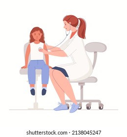 Illustration for medicine, healthcare, childcare concept. Little girl sits on chair in front of pediatrician examining child's health and listening to heartbeat and breathing with stethoscope. Vector.