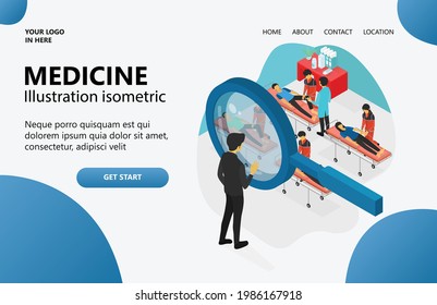 An illustration of medicine, someone looks at a magnifying glass in which there are many patients being treated by an expert doctor. isometric vector illustration design concept.