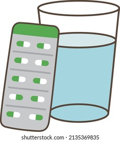 Illustration of medicine and water in capsules