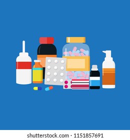 The illustration of medicines in tablets, pills and liquid.