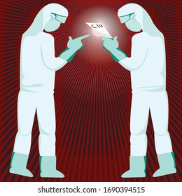 Illustration of Medics working with complete anti-virus personal protective equipment