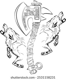 Ilustración de hacha medieval con dos lobos a su lado.