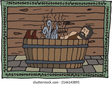 Illustration of medieval bathing in a stylized frame. Medieval, bath, bathroom, funny, ready to use, eps. For your design