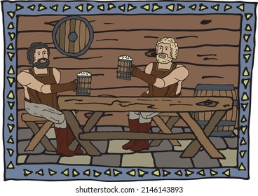 Illustration of medieval beer drinking in a stylized frame. Middle Ages, blacksmith shop, beer, recreation, hard worker, ready to use, eps. For your design