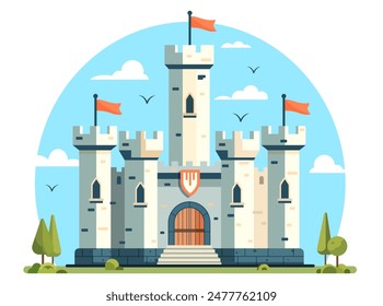 Illustration of a medieval castle with flags against a blue sky, vector style, with nature elements. Concept of history and architecture. Vector illustration