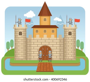 Illustration Of A Medieval Castle With Knights. Beautiful Landscape With Old Stronghold. Simple Style Vector Illustration