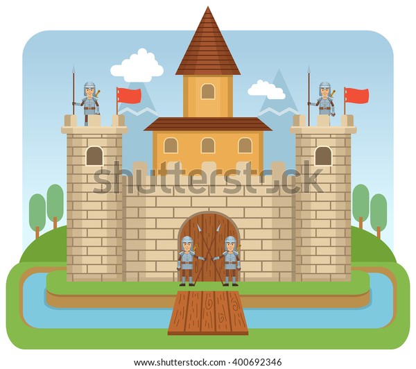 騎士のいる中世の城のイラスト 古い要塞を持つ美しい風景 簡単なスタイルのベクターイラスト のベクター画像素材 ロイヤリティフリー