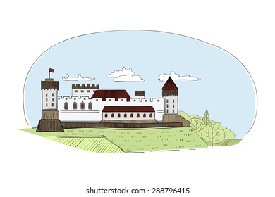 Illustration of medieval castle located in Northern Europe.