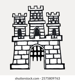 Illustration of a medieval castle with three towers. The castle features stone walls and a central gate. Castle towers and stone details are prominent. Isolated vintage vector element.