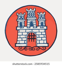 Illustration of a medieval castle with three towers on a red circular background. Castle towers, medieval design, and red circle create a classic emblem look. Vintage art illustration, vector.