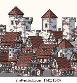 Illustration of Medieval city. Seamless vector pattern.

