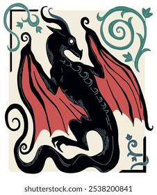 illustration in medieval gravure style, dragon, fantasy illustration