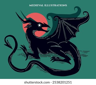 illustration in medieval gravure style, dragon, fantasy illustration