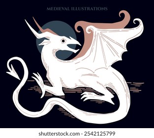 illustration in medieval gravure style, dragon, fantasy illustration	