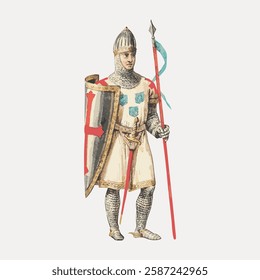 Illustration of a medieval knight in armor, holding a spear and shield. The knight wears chainmail and a helmet, symbolizing medieval warfare and chivalry. Vintage art illustration, vector.