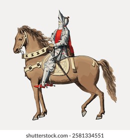 Illustration of a medieval knight in armor on a horse. The knight, in full armor, rides a horse. The armored knight is depicted on horseback, ready for battle. Vintage horse illustration vector.