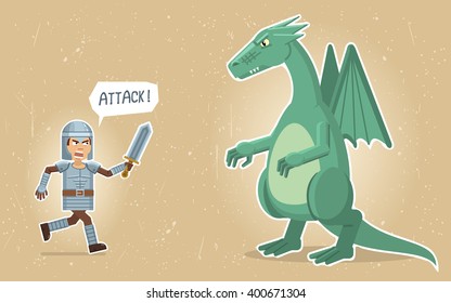 Illustration of a medieval knight fighting with a dragon. Fantasy characters. Old paper background. Flat style vector illustration