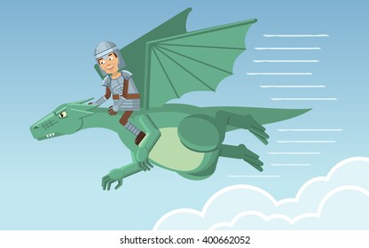 Illustration of a medieval knight flying on a dragon. Dragon rider, fantasy characters. Flat style vector illustration