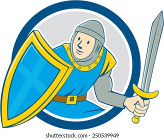 Illustration of medieval knight in full armor with sword and shield set inside circle  on isolated background done in cartoon style.