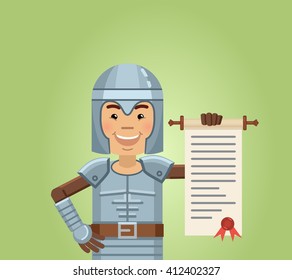 Illustration of a medieval knight posing with a scroll. Cheerful knight holding a document, making an announcement. Flat style vector illustration