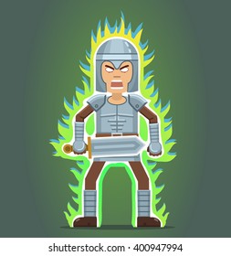 Illustration of a medieval knight in rage. Battle stance. Knight concentrating powerful energy around him. Flat style vector illustration