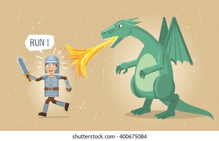 Illustration of a medieval knight running away from a dragon. Dragon attacking knight with flame. Old paper background. Flat style vector illustration