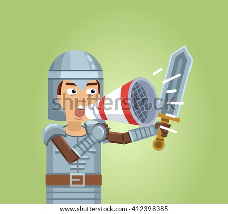 Illustration of a medieval knight talking through loudspeaker. Knight making an announcement. Emoticon, emoji. Medieval knight, crusader, soldier. Flat style vector illustration